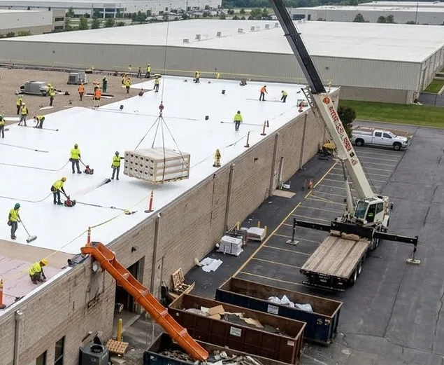 Commercial roofing crew working on a flat roof