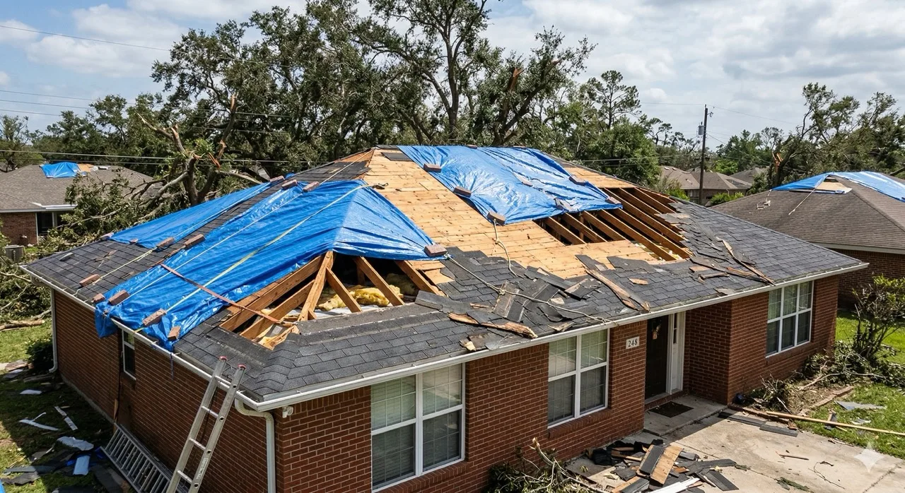 Storm-damaged roof protected with blue tarps