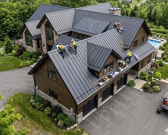 Metal roof installation on a large home