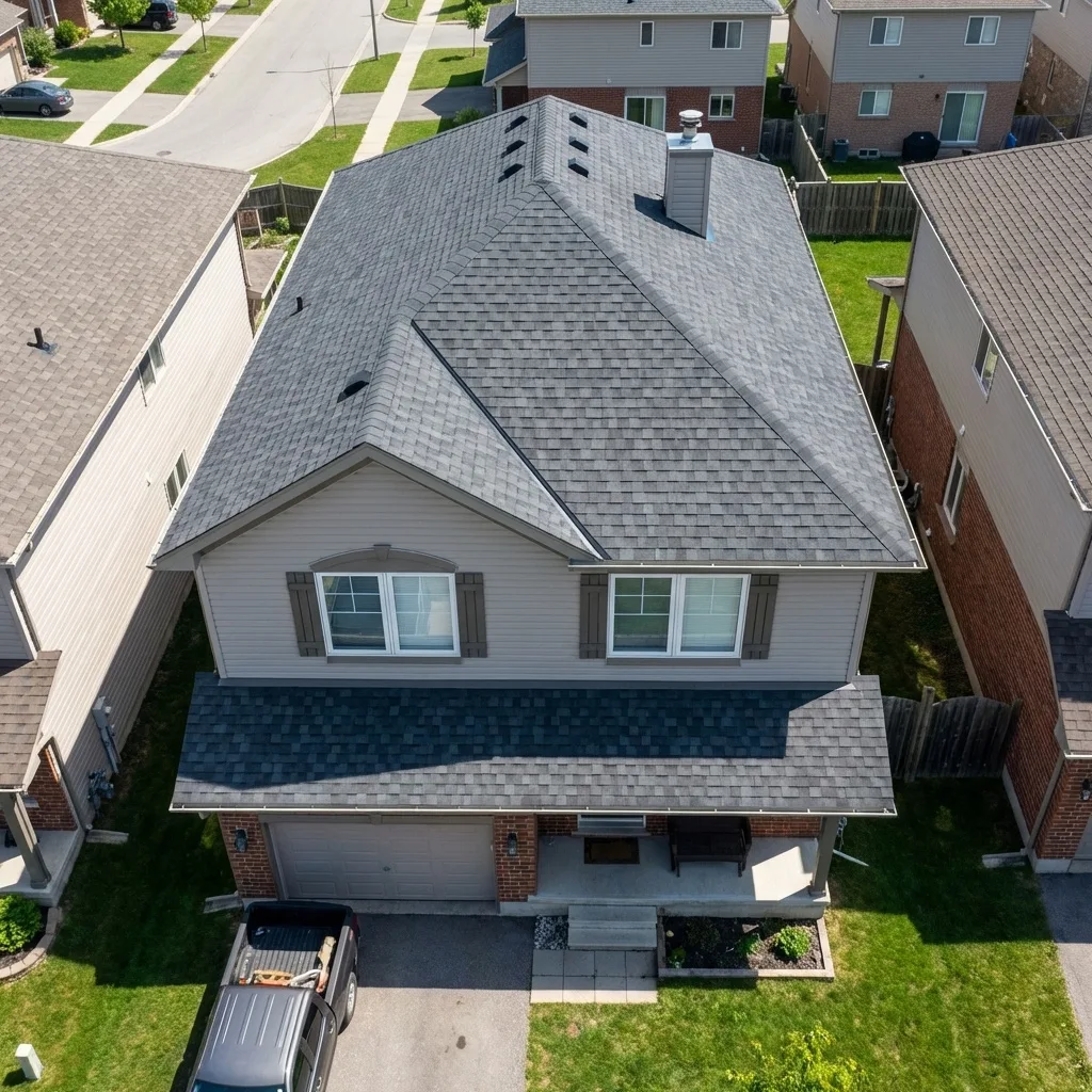 Aerial view of a finished residential roof