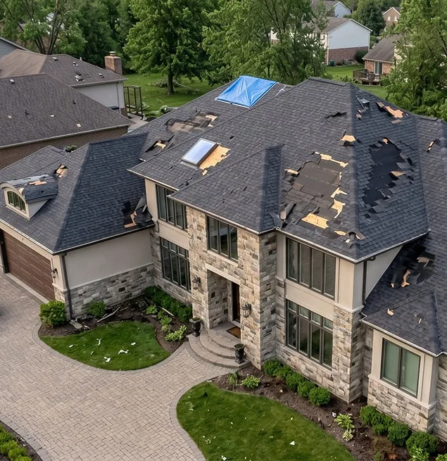 Storm-damaged residential roof viewed from above